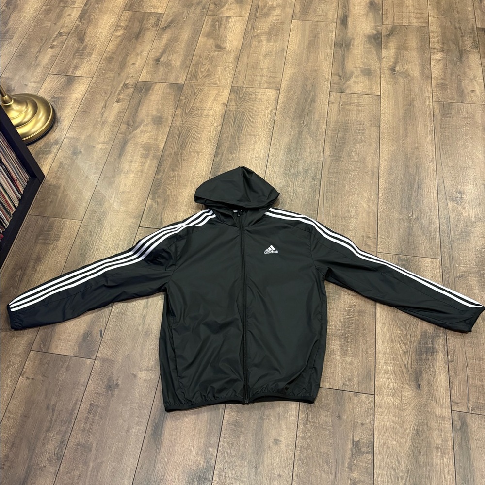 Adidas Men's Black Windbreaker with White Stripes
